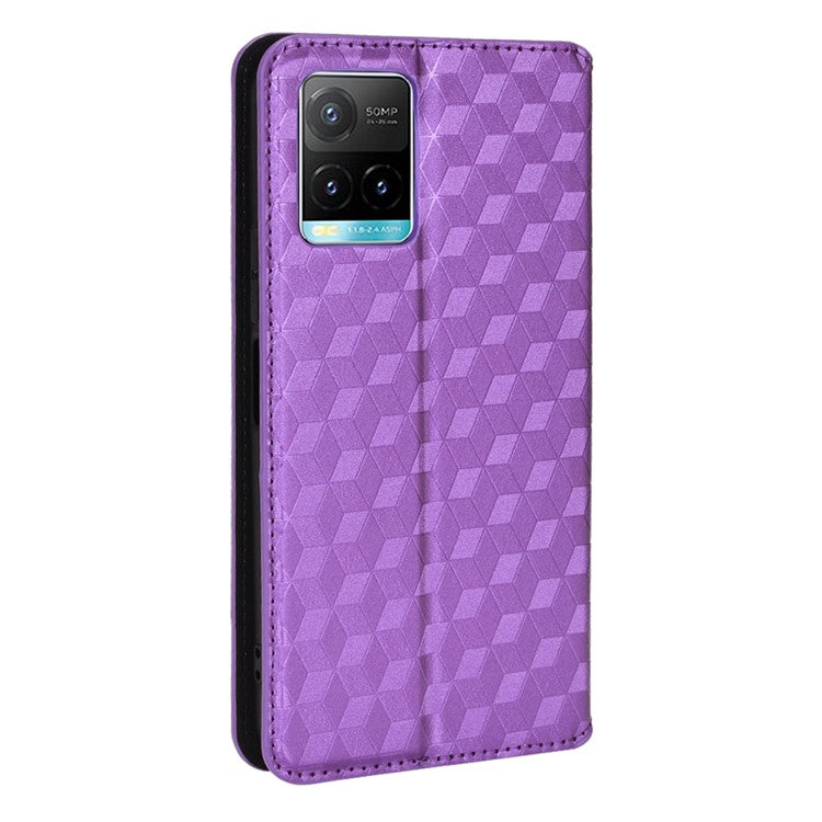 Scratch Resistant PU Leather + TPU Phone Case Imprinted 3D Rhombus Pattern Protective Cover Shell with Stand Wallet for vivo Y33s 4G / Y21 / Y21s / Y32 4G / Y21t 4G / Y21e 4G / Y21a 4G / Y21G / T1X 4G / Y33t - Purple