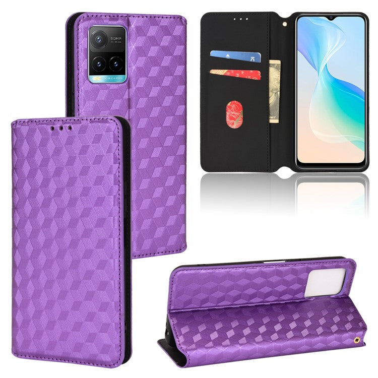 Scratch Resistant PU Leather + TPU Phone Case Imprinted 3D Rhombus Pattern Protective Cover Shell with Stand Wallet for vivo Y33s 4G / Y21 / Y21s / Y32 4G / Y21t 4G / Y21e 4G / Y21a 4G / Y21G / T1X 4G / Y33t - Purple