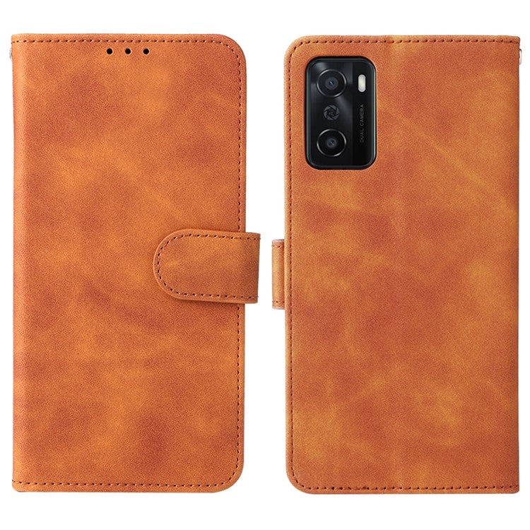 Skin-touch Feeling PU Leather + TPU Folio Flip Wallet Stand Phone Cover Case for Oppo A55s 5G - Brown