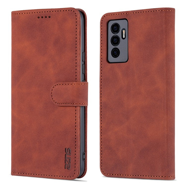 AZNS Full Body Protection PU Leather Wallet Stand Protective Phone Case Cover for vivo S10e/V23e 4G - Brown