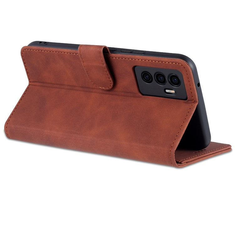 AZNS Full Body Protection PU Leather Wallet Stand Protective Phone Case Cover for vivo S10e/V23e 4G - Brown