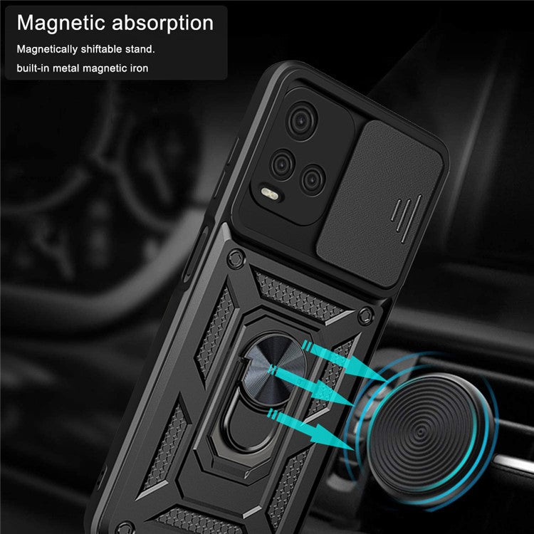 Ring Kickstand Design Phone Case Camera Slide Cover PC + TPU Anti-fall Hybrid Protective Shell for vivo Y21s - Black