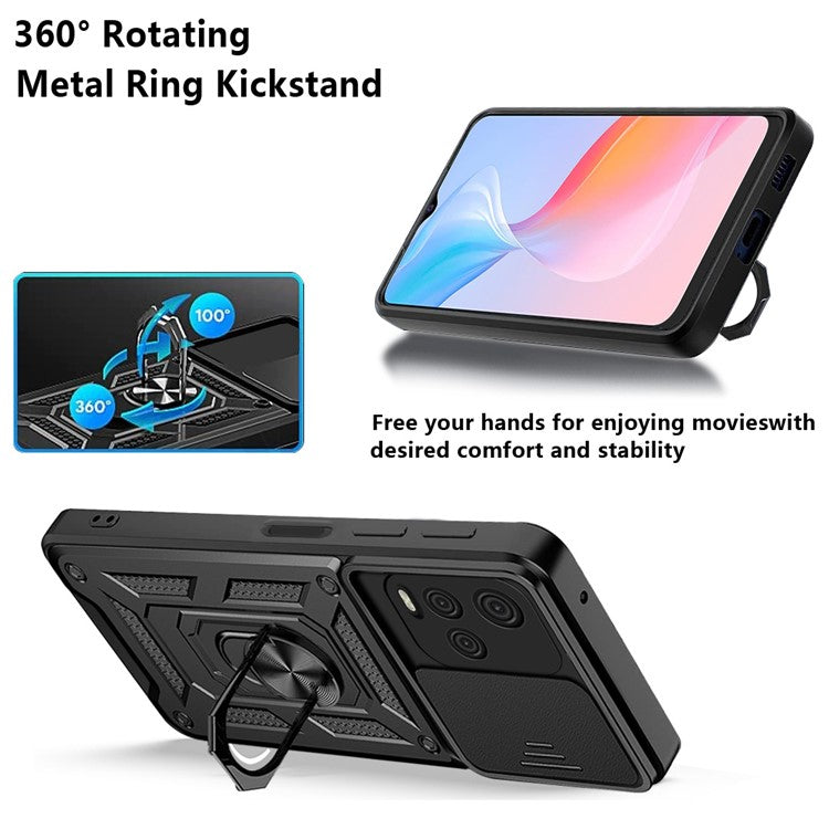 Ring Kickstand Design Phone Case Camera Slide Cover PC + TPU Anti-fall Hybrid Protective Shell for vivo Y21s - Black