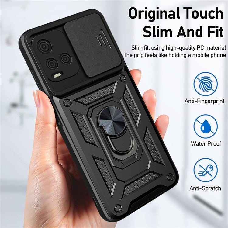 Ring Kickstand Design Phone Case Camera Slide Cover PC + TPU Anti-fall Hybrid Protective Shell for vivo Y21s - Black