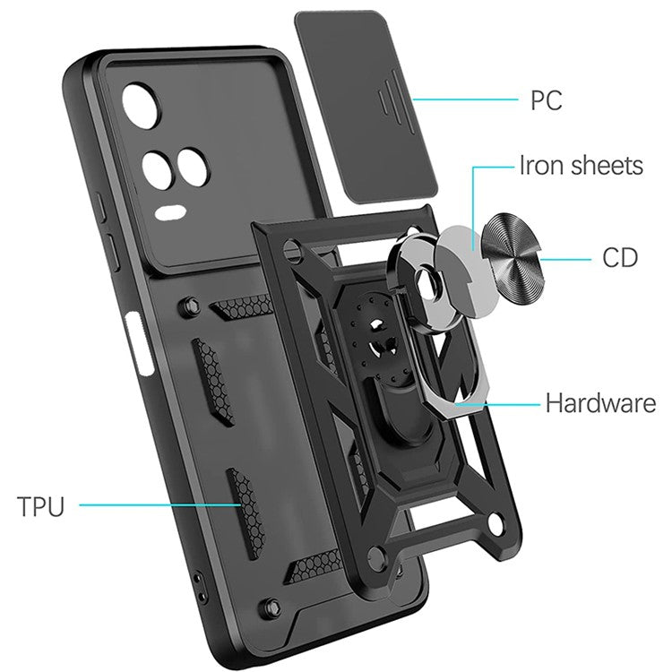 Ring Kickstand Design Phone Case Camera Slide Cover PC + TPU Anti-fall Hybrid Protective Shell for vivo Y21s - Black