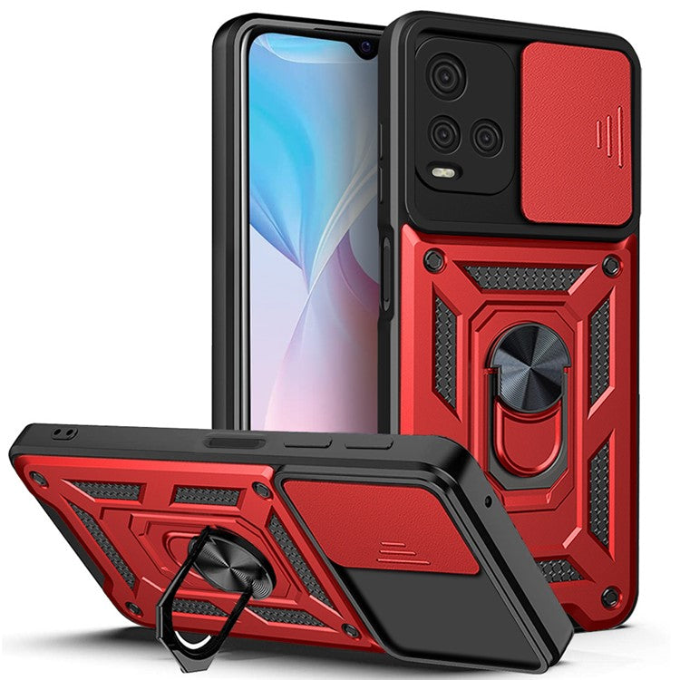 Ring Kickstand Design Phone Case Camera Slide Cover PC + TPU Anti-fall Hybrid Protective Shell for vivo Y21s - Red