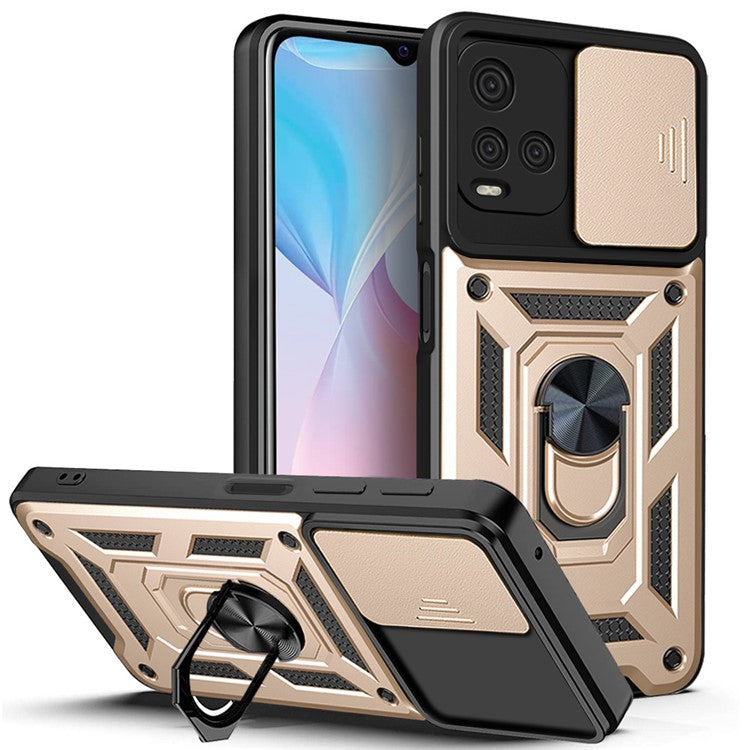 Ring Kickstand Design Phone Case Camera Slide Cover PC + TPU Anti-fall Hybrid Protective Shell for vivo Y21s - Gold