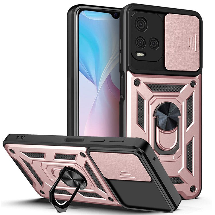 Ring Kickstand Design Phone Case Camera Slide Cover PC + TPU Anti-fall Hybrid Protective Shell for vivo Y21s - Rose Gold