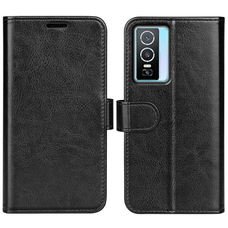 For vivo Y76 5G / Y76s 5G / Y74s Crazy Horse Texture PU Leather Wallet Flip Case Stand Magnetic Closure TPU Protective Cover - Black