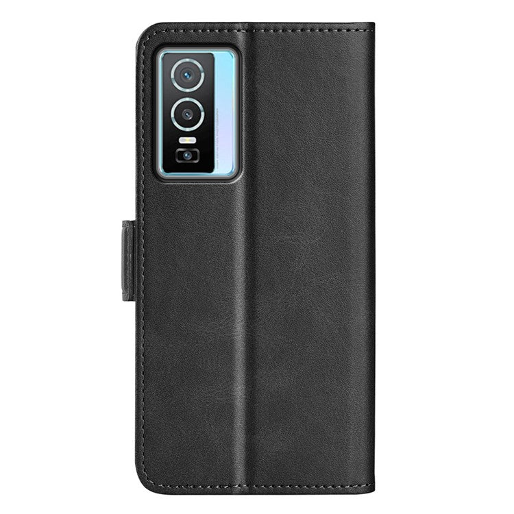 For vivo Y76 5G / Y76s 5G / Y74s Dual Magnetic Flap Textured PU Leather Wallet Case Folding Stand TPU Inner Shell - Black