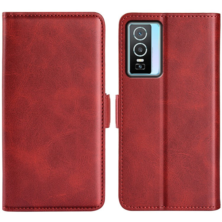 For vivo Y76 5G / Y76s 5G / Y74s Dual Magnetic Flap Textured PU Leather Wallet Case Folding Stand TPU Inner Shell - Red