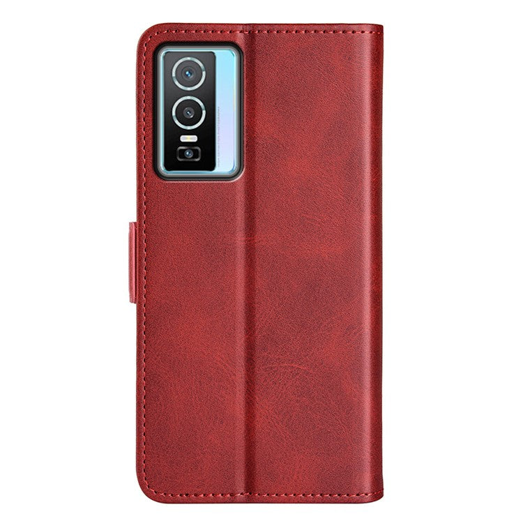 For vivo Y76 5G / Y76s 5G / Y74s Dual Magnetic Flap Textured PU Leather Wallet Case Folding Stand TPU Inner Shell - Red