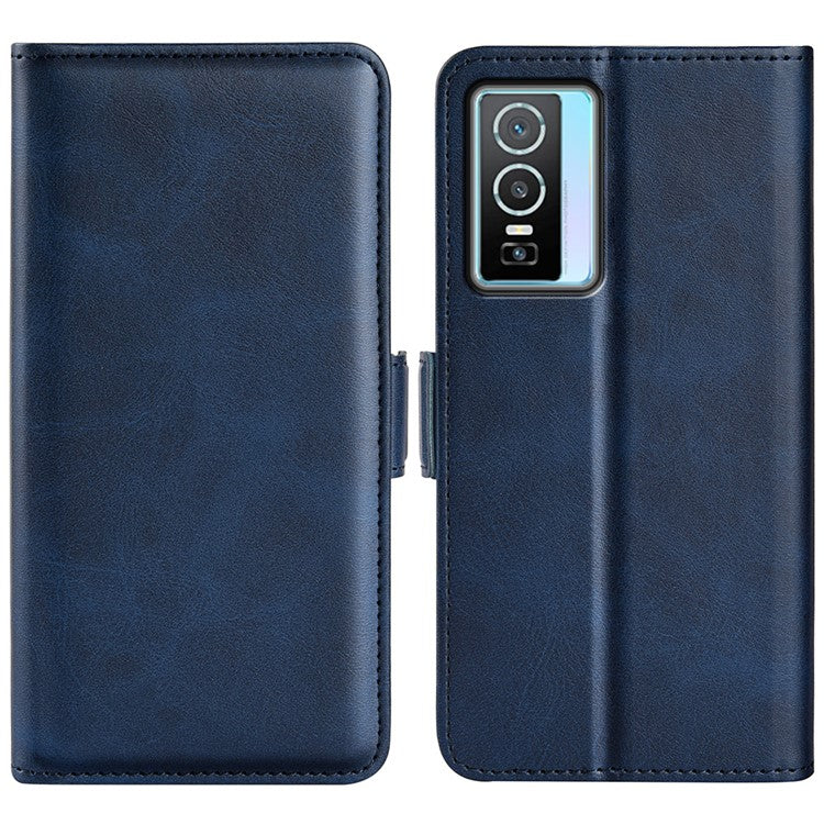 For vivo Y76 5G / Y76s 5G / Y74s Dual Magnetic Flap Textured PU Leather Wallet Case Folding Stand TPU Inner Shell - Blue