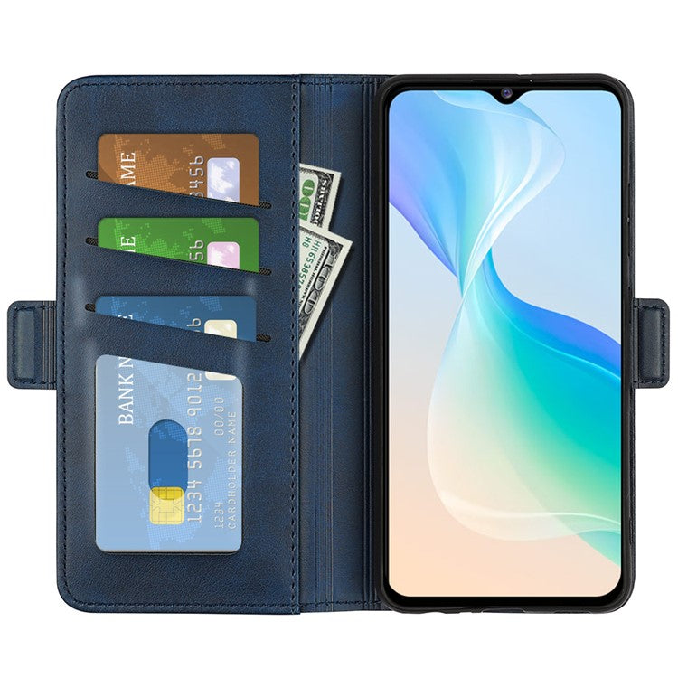 For vivo Y76 5G / Y76s 5G / Y74s Dual Magnetic Flap Textured PU Leather Wallet Case Folding Stand TPU Inner Shell - Blue