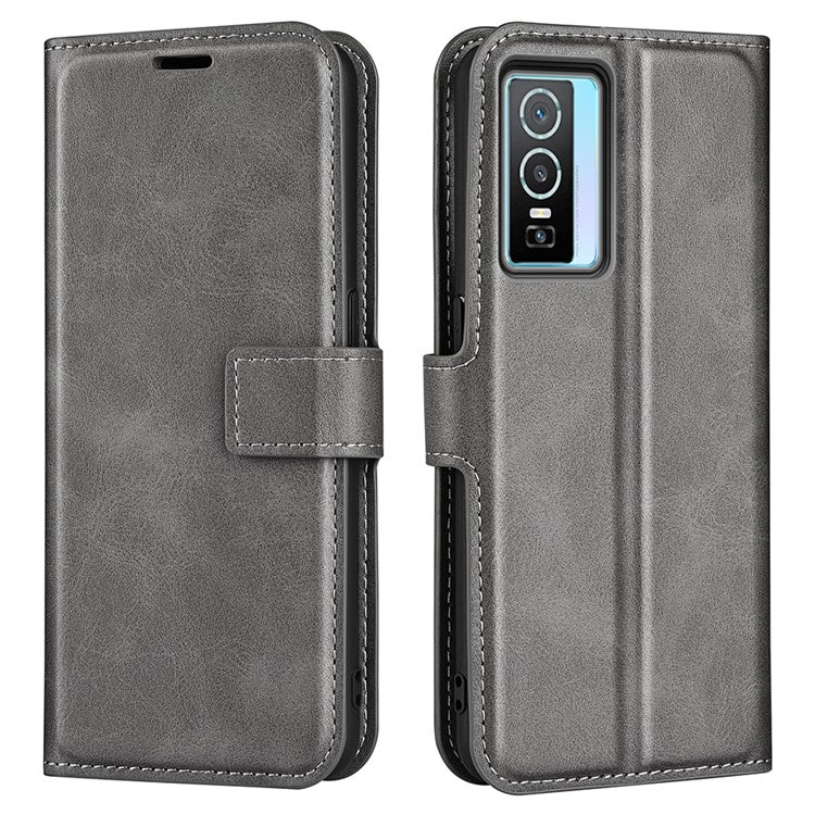 For vivo Y76 5G / Y76s 5G / Y74s PU Leather Flip Case Wallet Stand TPU Bumper Protective Phone Cover - Grey