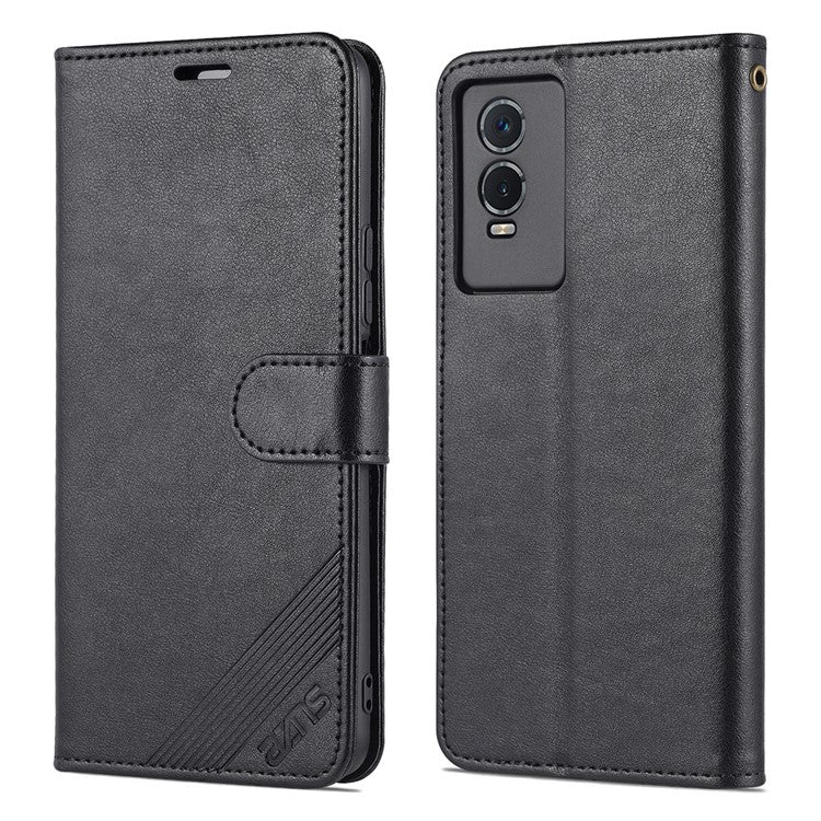 AZNS Textured PU Leather Protective Folio Flip Case Wallet Stand Inner TPU Phone Cover for vivo Y76s / Y74s - Black