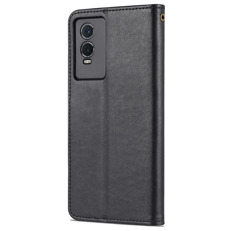 AZNS Textured PU Leather Protective Folio Flip Case Wallet Stand Inner TPU Phone Cover for vivo Y76s / Y74s - Black