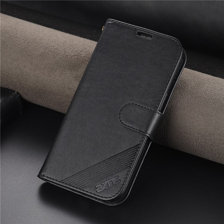 AZNS Textured PU Leather Protective Folio Flip Case Wallet Stand Inner TPU Phone Cover for vivo Y76s / Y74s - Black