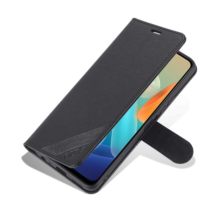 AZNS Textured PU Leather Protective Folio Flip Case Wallet Stand Inner TPU Phone Cover for vivo Y76s / Y74s - Black