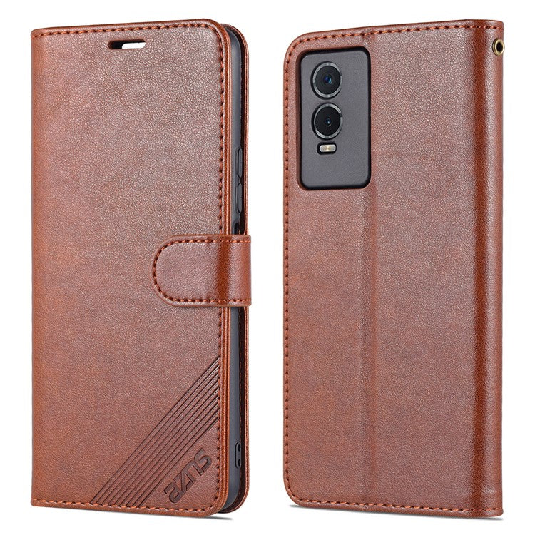 AZNS Textured PU Leather Protective Folio Flip Case Wallet Stand Inner TPU Phone Cover for vivo Y76s / Y74s - Brown