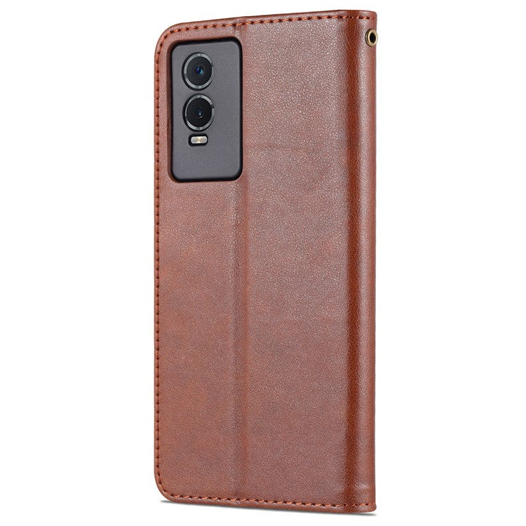 AZNS Textured PU Leather Protective Folio Flip Case Wallet Stand Inner TPU Phone Cover for vivo Y76s / Y74s - Brown