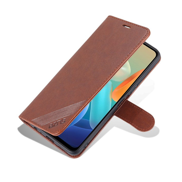 AZNS Textured PU Leather Protective Folio Flip Case Wallet Stand Inner TPU Phone Cover for vivo Y76s / Y74s - Brown