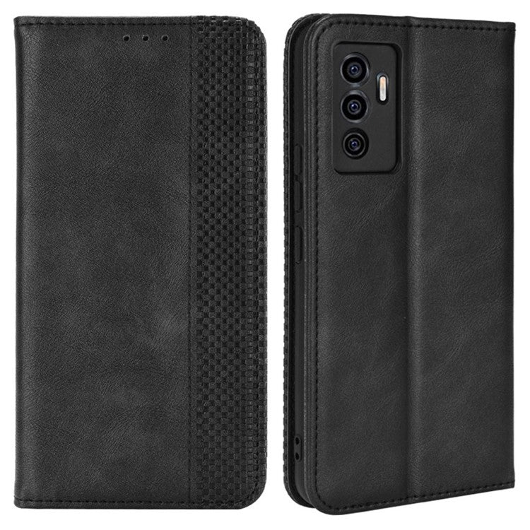 For vivo S10e/V23e 4G/5G Anti-scratch Drop-proof Wallet Stand Retro Style Imprinted Leather Fip Phone Cover - Black