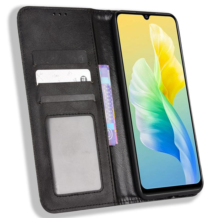 For vivo S10e/V23e 4G/5G Anti-scratch Drop-proof Wallet Stand Retro Style Imprinted Leather Fip Phone Cover - Black