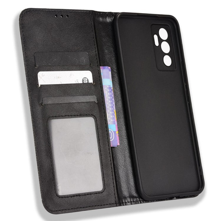 For vivo S10e/V23e 4G/5G Anti-scratch Drop-proof Wallet Stand Retro Style Imprinted Leather Fip Phone Cover - Black