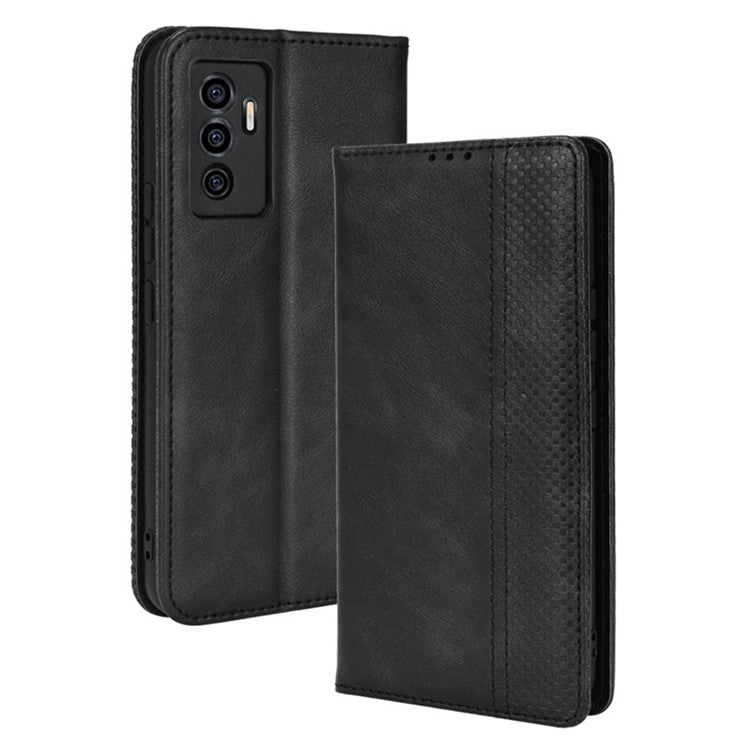 For vivo S10e/V23e 4G/5G Anti-scratch Drop-proof Wallet Stand Retro Style Imprinted Leather Fip Phone Cover - Black