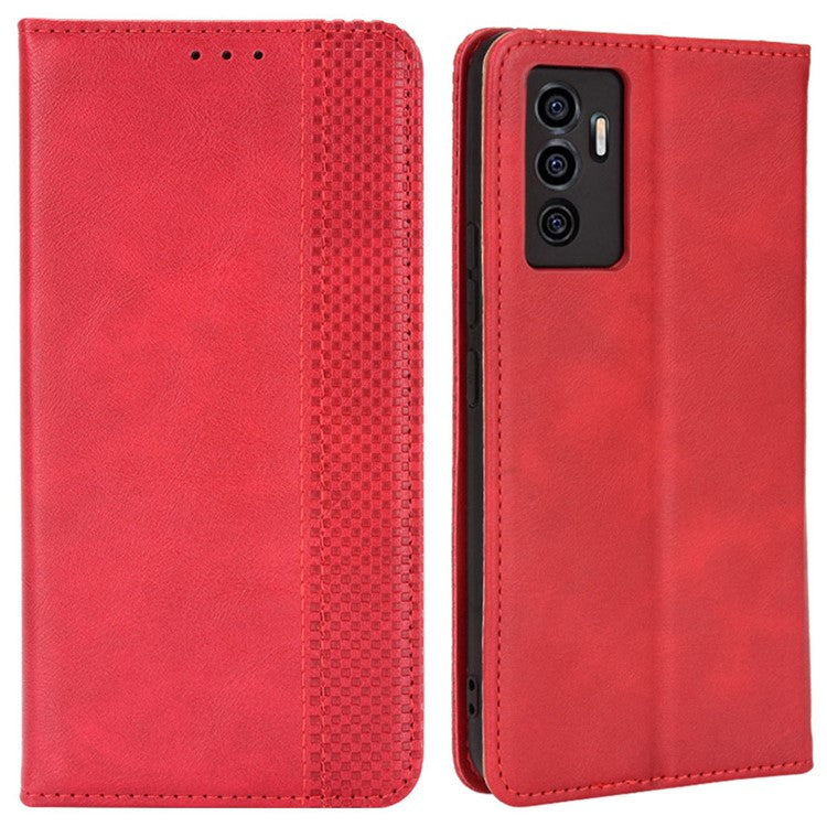 For vivo S10e/V23e 4G/5G Anti-scratch Drop-proof Wallet Stand Retro Style Imprinted Leather Fip Phone Cover - Red