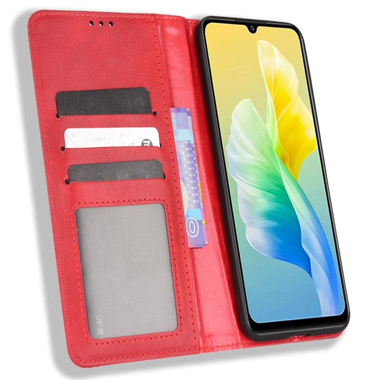 For vivo S10e/V23e 4G/5G Anti-scratch Drop-proof Wallet Stand Retro Style Imprinted Leather Fip Phone Cover - Red