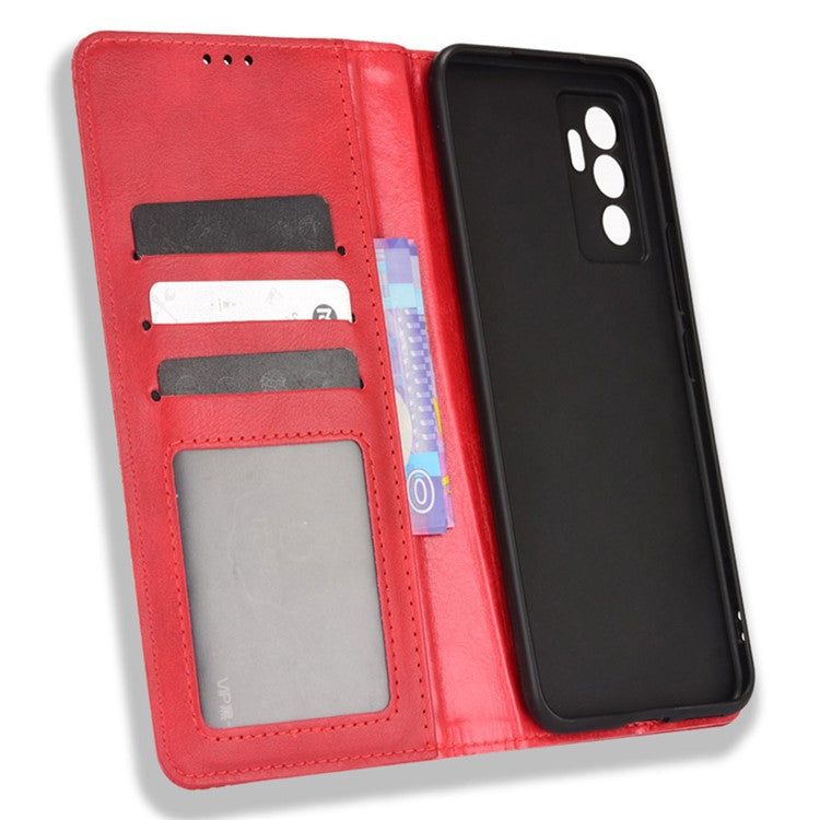 For vivo S10e/V23e 4G/5G Anti-scratch Drop-proof Wallet Stand Retro Style Imprinted Leather Fip Phone Cover - Red