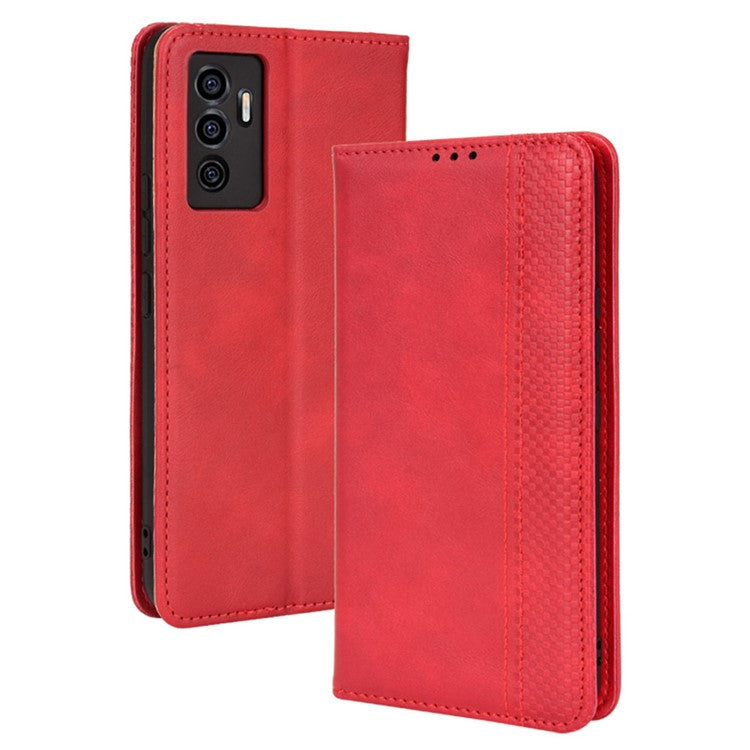 For vivo S10e/V23e 4G/5G Anti-scratch Drop-proof Wallet Stand Retro Style Imprinted Leather Fip Phone Cover - Red