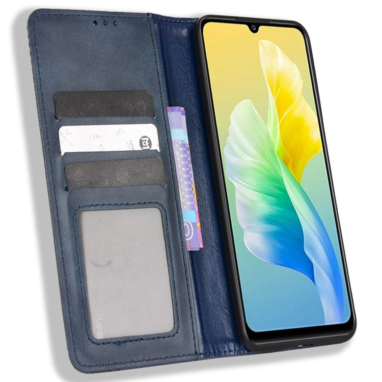 For vivo S10e/V23e 4G/5G Anti-scratch Drop-proof Wallet Stand Retro Style Imprinted Leather Fip Phone Cover - Blue