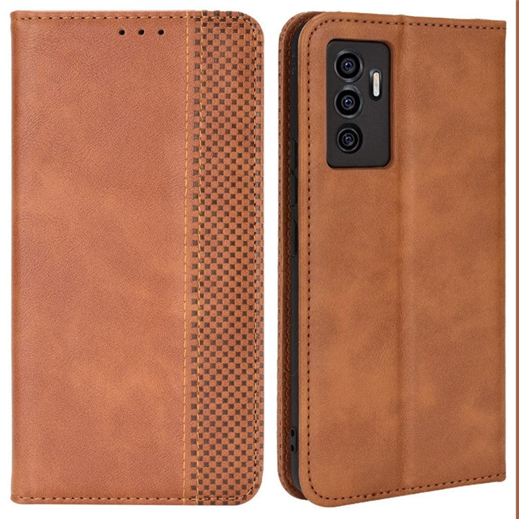 For vivo S10e/V23e 4G/5G Anti-scratch Drop-proof Wallet Stand Retro Style Imprinted Leather Fip Phone Cover - Brown