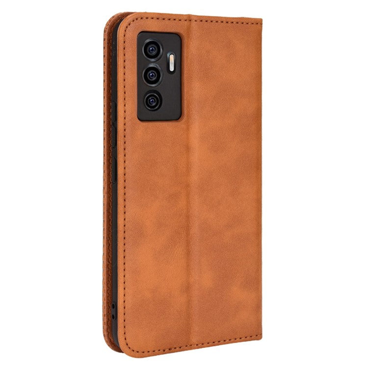 For vivo S10e/V23e 4G/5G Anti-scratch Drop-proof Wallet Stand Retro Style Imprinted Leather Fip Phone Cover - Brown