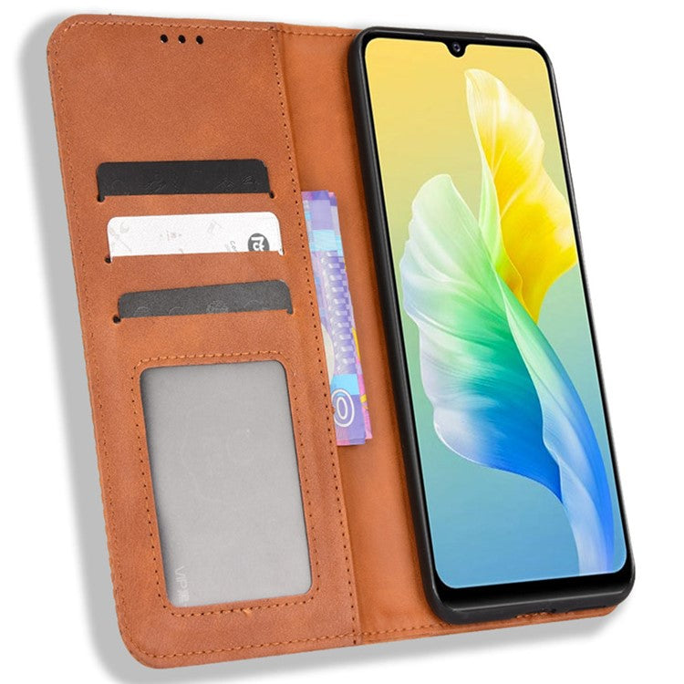 For vivo S10e/V23e 4G/5G Anti-scratch Drop-proof Wallet Stand Retro Style Imprinted Leather Fip Phone Cover - Brown