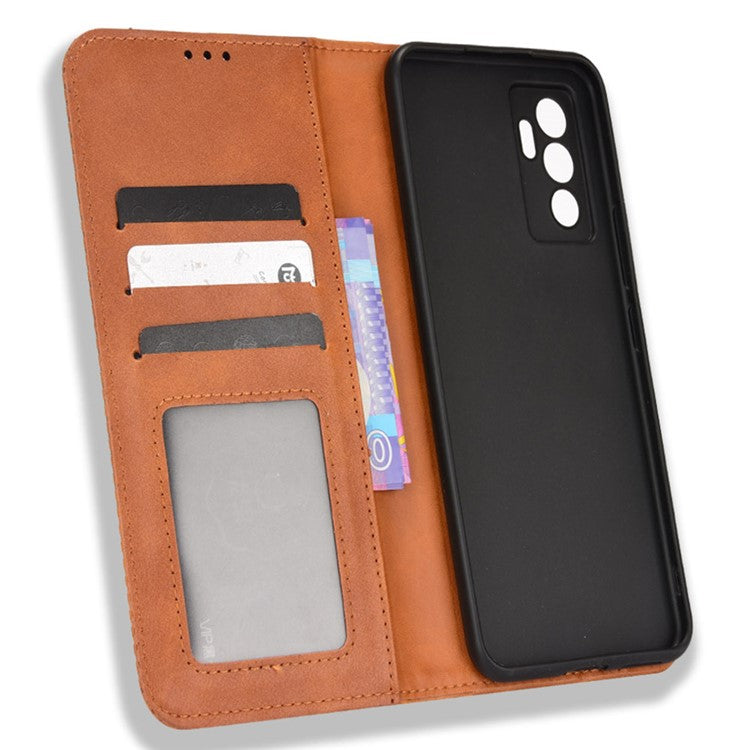 For vivo S10e/V23e 4G/5G Anti-scratch Drop-proof Wallet Stand Retro Style Imprinted Leather Fip Phone Cover - Brown