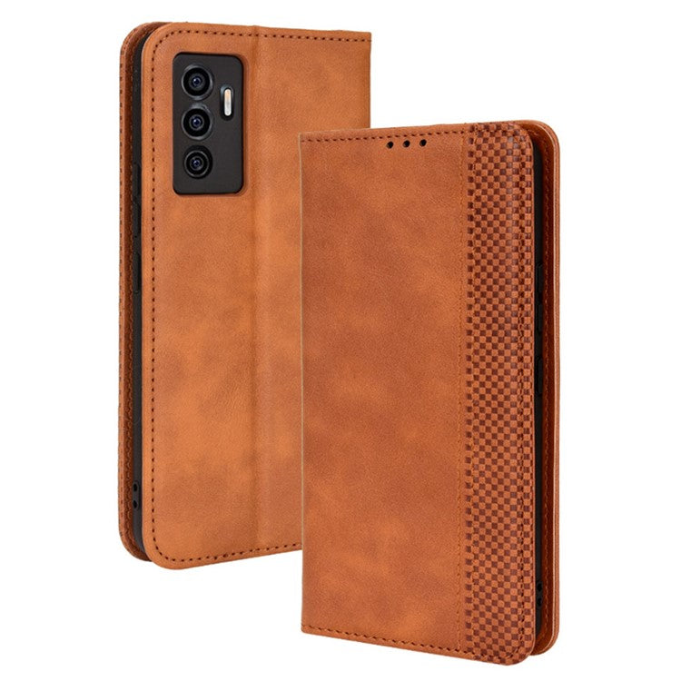 For vivo S10e/V23e 4G/5G Anti-scratch Drop-proof Wallet Stand Retro Style Imprinted Leather Fip Phone Cover - Brown