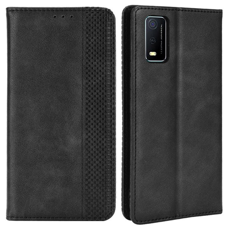 For vivo Y3s (2021) Wallet Stand Retro Style Imprinted Case Leather Magnetic Auto-absorbed Phone Cover - Black