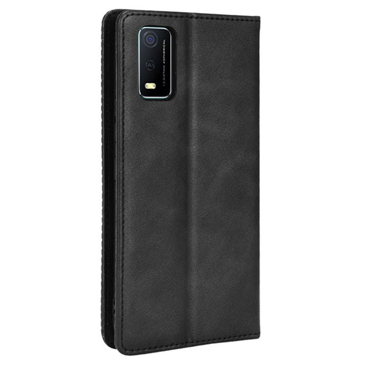 For vivo Y3s (2021) Wallet Stand Retro Style Imprinted Case Leather Magnetic Auto-absorbed Phone Cover - Black