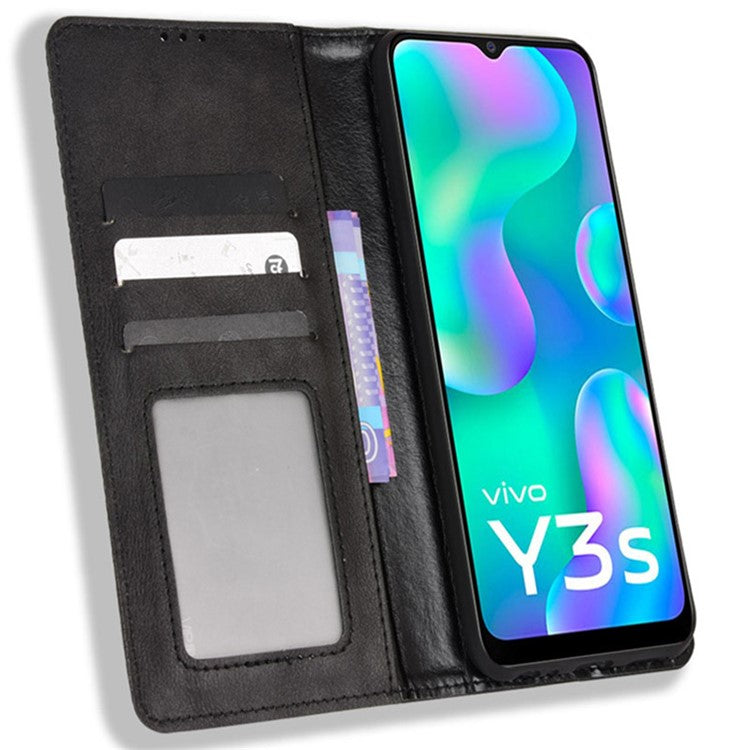 For vivo Y3s (2021) Wallet Stand Retro Style Imprinted Case Leather Magnetic Auto-absorbed Phone Cover - Black