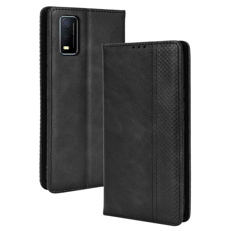 For vivo Y3s (2021) Wallet Stand Retro Style Imprinted Case Leather Magnetic Auto-absorbed Phone Cover - Black