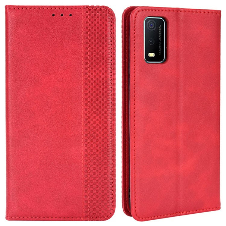 For vivo Y3s (2021) Wallet Stand Retro Style Imprinted Case Leather Magnetic Auto-absorbed Phone Cover - Red