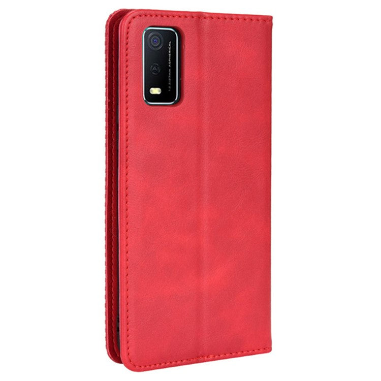 For vivo Y3s (2021) Wallet Stand Retro Style Imprinted Case Leather Magnetic Auto-absorbed Phone Cover - Red