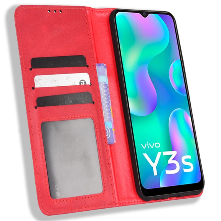 For vivo Y3s (2021) Wallet Stand Retro Style Imprinted Case Leather Magnetic Auto-absorbed Phone Cover - Red