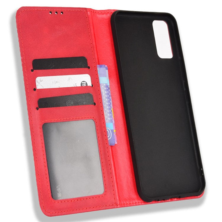 For vivo Y3s (2021) Wallet Stand Retro Style Imprinted Case Leather Magnetic Auto-absorbed Phone Cover - Red