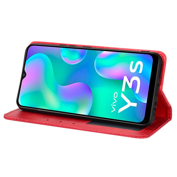 For vivo Y3s (2021) Wallet Stand Retro Style Imprinted Case Leather Magnetic Auto-absorbed Phone Cover - Red