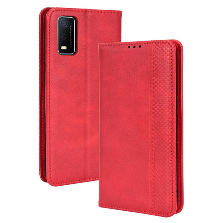 For vivo Y3s (2021) Wallet Stand Retro Style Imprinted Case Leather Magnetic Auto-absorbed Phone Cover - Red